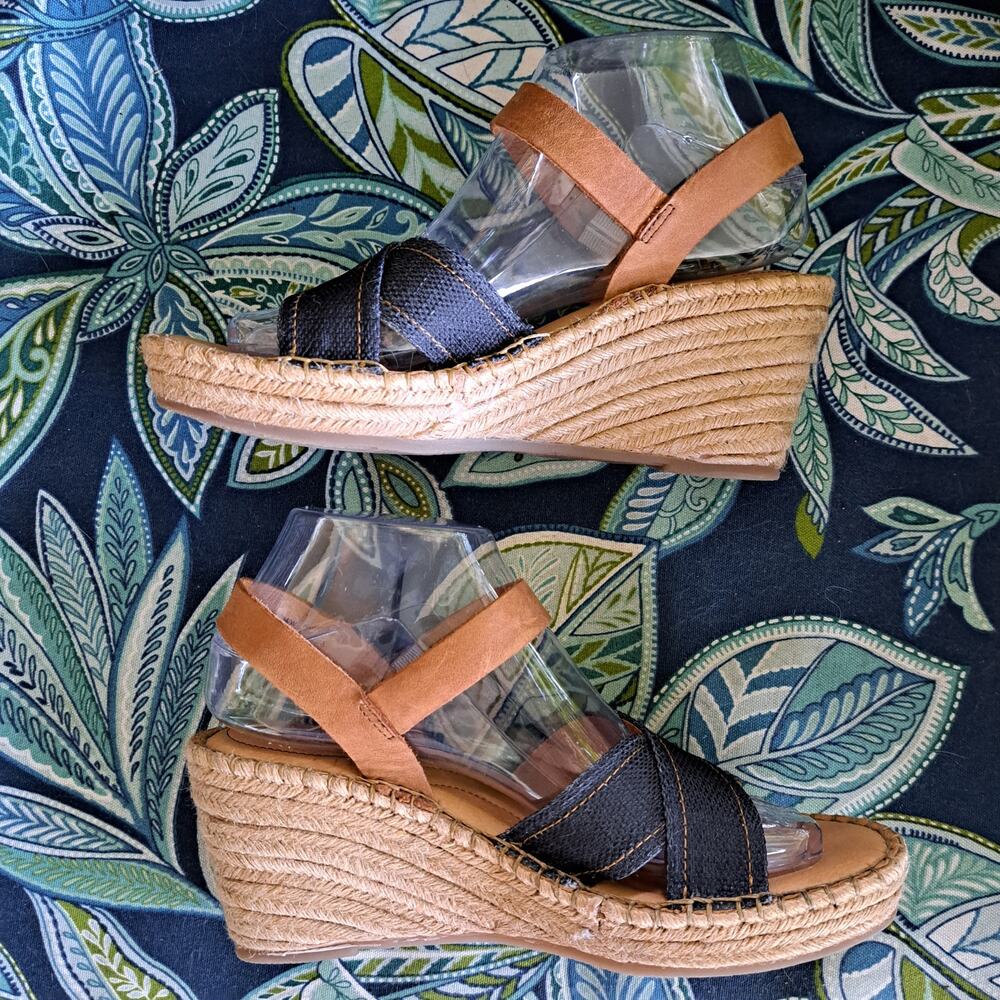 Born Tan Leather and denim blue Espadrille Wedge Sandals - Picture 4 of 10